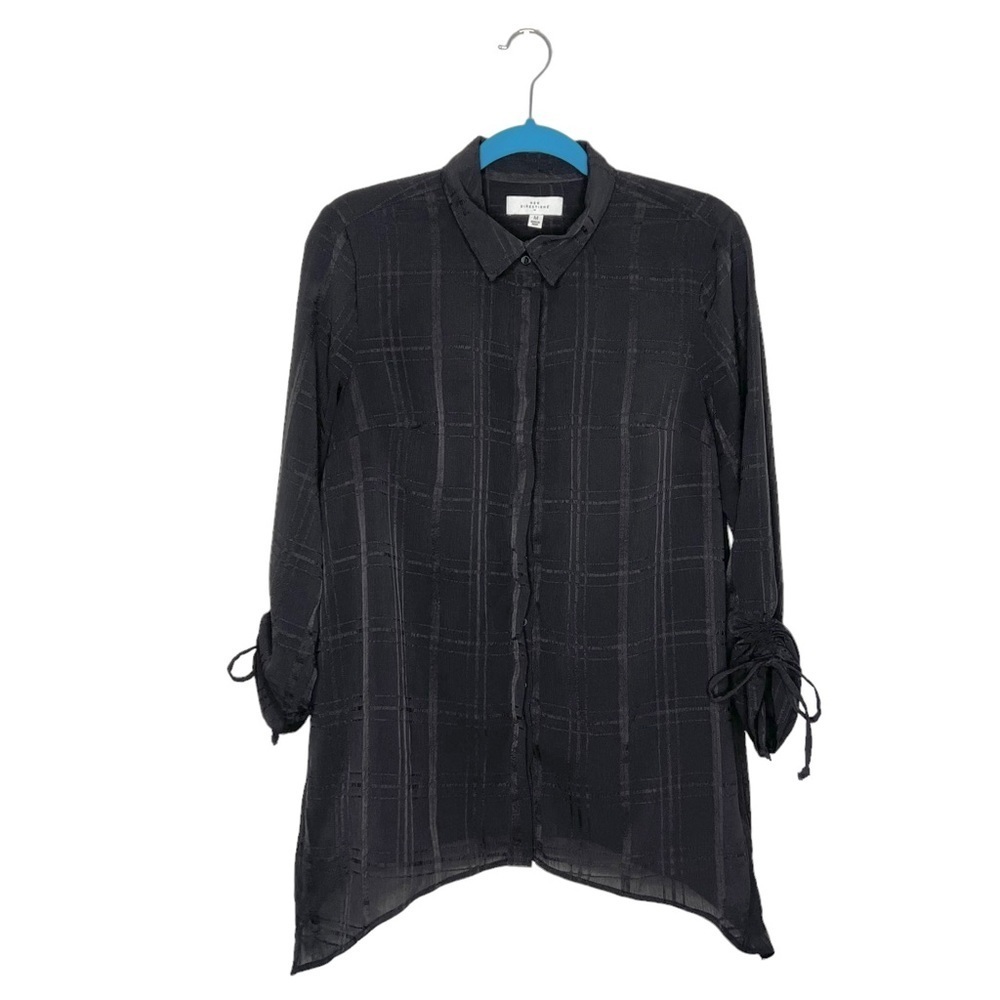 New Directions Black Grid Ruched Sleeve Shark Bite Hem Blouse